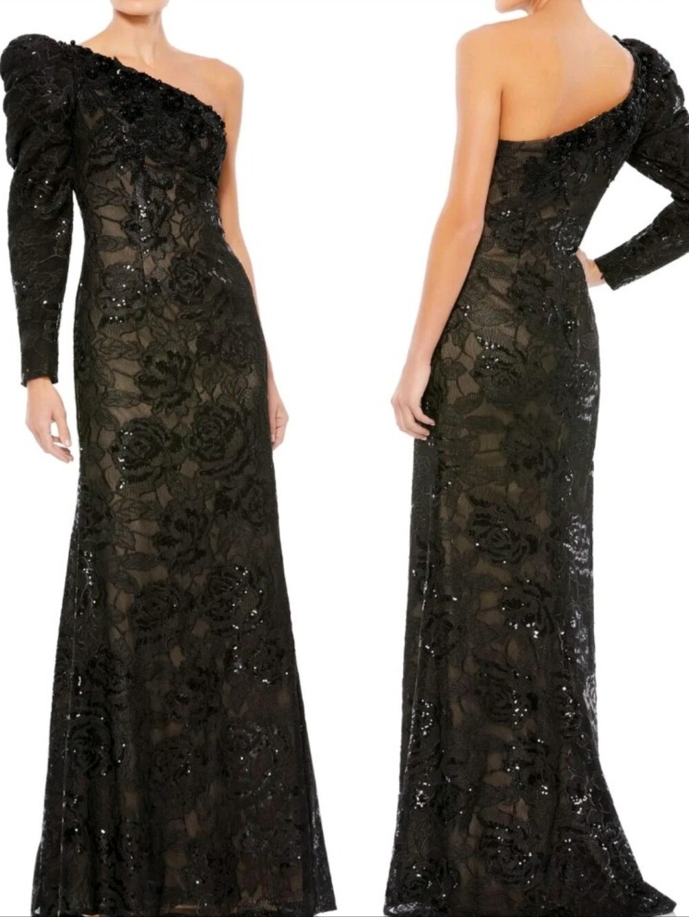 NWT Mac Duggal [ 10 ] 12444 Embellished One Puff Sleeve Trumpet Gown Black